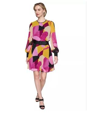 Karl Lagerfeld Pink Purple & Yellow Abstract Wrap Dress